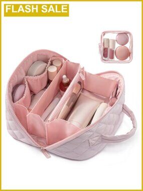 2Pc Puffer Waterproof Cosmetic Bag Set Lay-Flat Travel Makeup Organizer